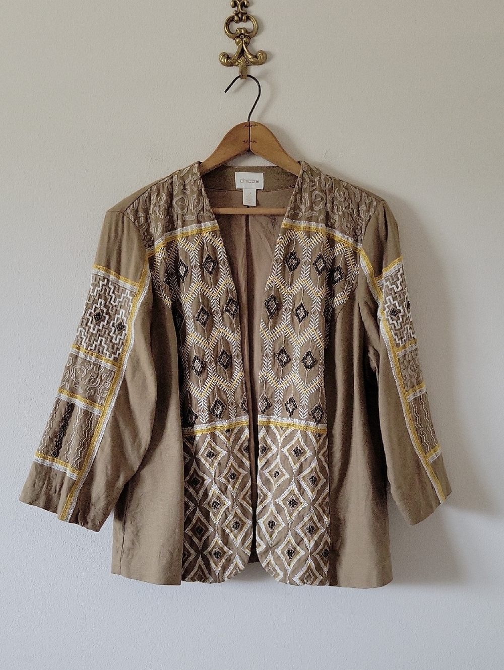 Chico's Tan Linen Blend Embroidered Beaded Lined Blazer Jacket Size Large